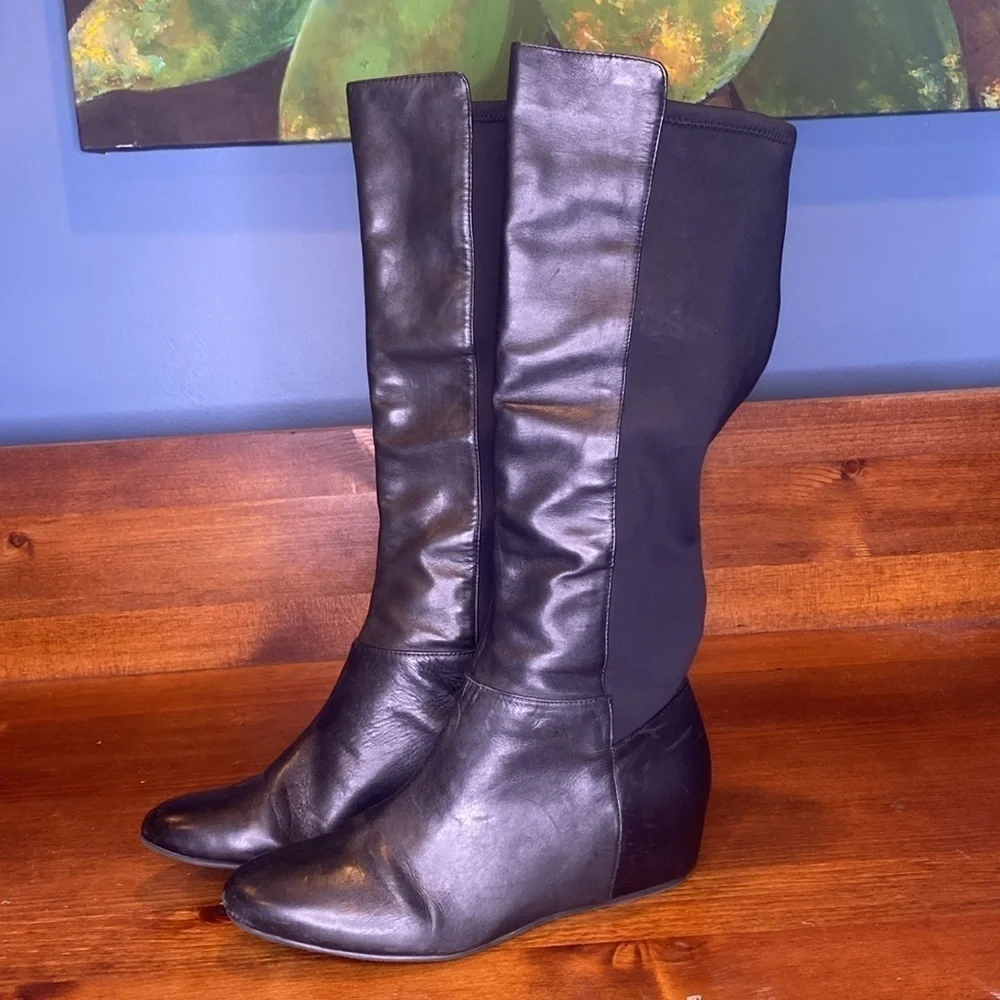 BCBG black leather & fabric tall knee high hidden wedge boots black size 10